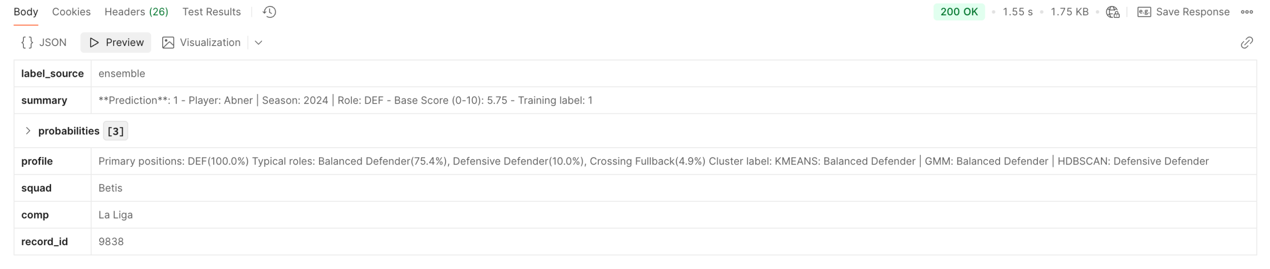 Athlemetrics Predictor Player Role output example